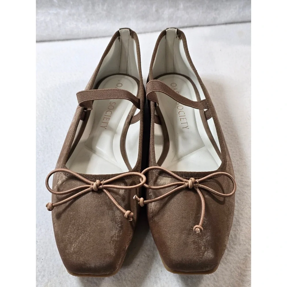 Oasis Society Brown Velvet Ballet Flats Mary Jane Vegan Leather Bow Shoes US 8.5
